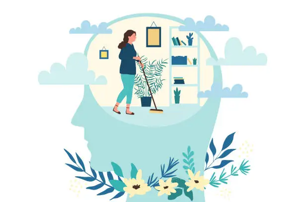 Vector illustration of Girl with mop cleaning inner room inside human head to organize thoughts, brain detox