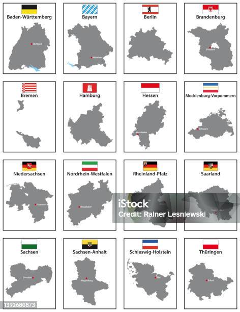 16 Bundesländer Und Ihre Hauptstädte Zum Ausdrucken Vektorkarten Mit Flaggen Der 16 Bundesländer Deutschlands Stock Vektor