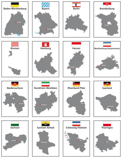 Vector maps with flags of the 16 states of Germany Vector maps with flags of the 16 states of Germany government silhouettes stock illustrations