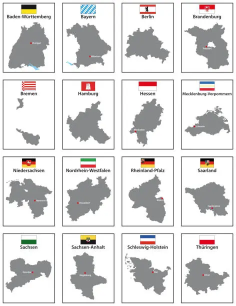 Vector illustration of Vector maps with flags of the 16 states of Germany
