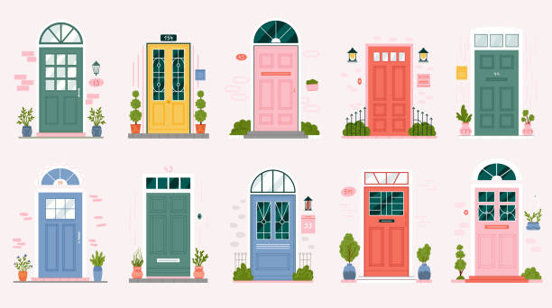 ilustraciones, imágenes clip art, dibujos animados e iconos de stock de puerta vintage retro para conjunto de apartamento en casa, entrada diferente rosa, azul y verde - door