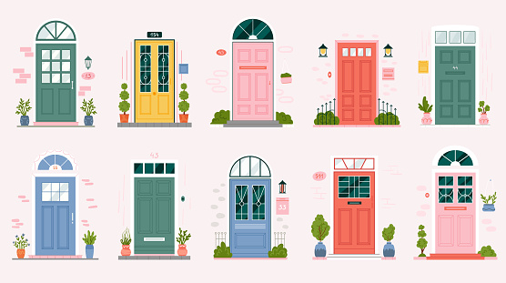 Retro vintage door for home apartment set vector illustration. Cartoon different pink, blue and green entrance with doorstep, lamp on brick wall, plants isolated on white. Architectural facade concept