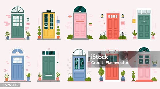 istock Retro vintage door for home apartment set, different pink, blue and green entrance 1392681033