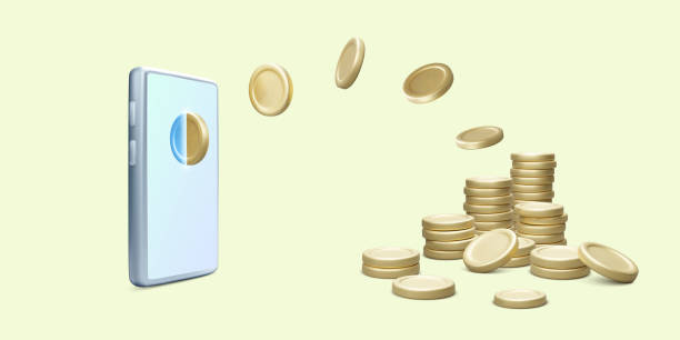 istock 3d mobile phone with gold coin money digital transfer. Online payment or transaction concept. Business mobile app banner in cartoon realistic style 1392681121