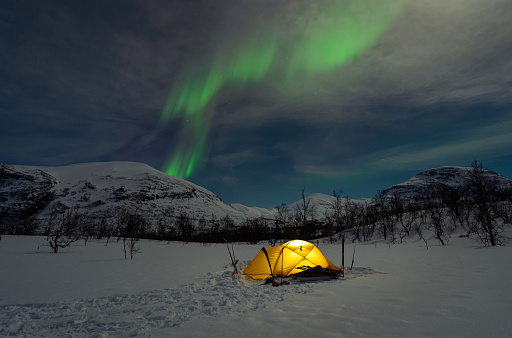 Northern lights, aurora borealis, above a tent in Swedish Lapland at the famous Kungsleden.