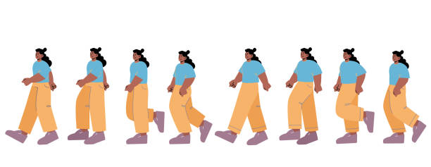 Woman walk animation, sequence cycle for game Woman walk animation, sequence cycle for game. Pictures frame with african girl teenager walking, going motion sprite sheet. Passerby, pedestrian movement, Cartoon flat vector line art illustration walking animation stock illustrations