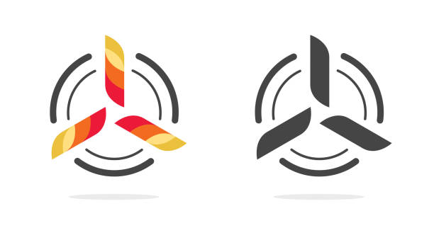 ilustraciones, imágenes clip art, dibujos animados e iconos de stock de logotipo del icono vectorial de aviación de la aeronave o gráfico geométrico de la hélice de energía eólica con el símbolo de tres elementos, el concepto de pictograma del motor del avión, el logotipo del ventilador de aire - ventilador
