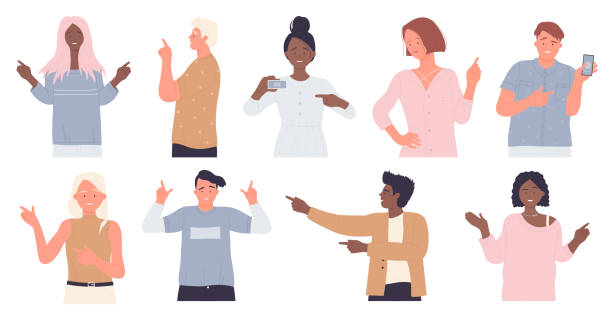People point finger, different hand pointing gestures and poses set, man, woman standing People point finger, different hand pointing gestures and poses set vector illustration. Cartoon young man and woman standing, guys and girls pointing up, down, side way on direction isolated on white african american male model stock illustrations