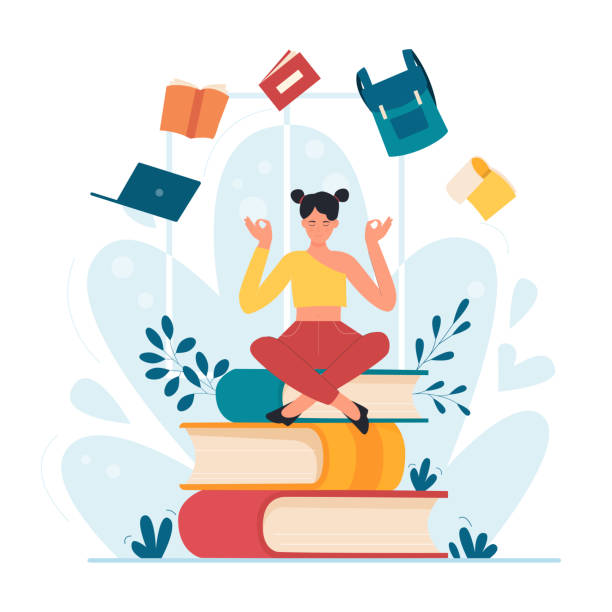 Yoga meditation of student sitting on books with flying notebook, laptop, backpack Yoga meditation of student sitting in lotus pose on stack of books. Tiny girl with flying notebook, textbook, laptop and school backpack flat vector illustration. Education, wellness, study concept keep calm and stock illustrations