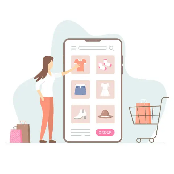 Vector illustration of Woman shopping for clothes in mobile phone web application vector flat modern illustration