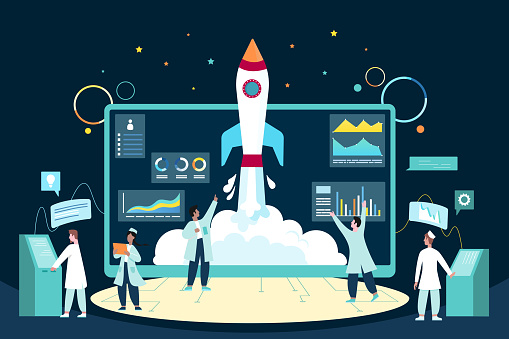 Creative startup, rocket launch by tiny people. Team of persons working with laptop on spaceship takeoff, start new digital projects and flat vector illustration. Success, business development concept