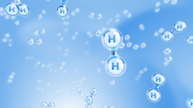 Hydrogen molecule. We move to the molecular level and fly up to the hydrogen molecule. The blue concept of green energy. Carbon free.