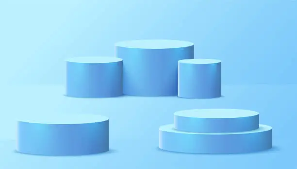 Vector illustration of A luxurious podium of soft blue color with a cylindrical pedestal. Light blue minimalistic 3d scene. 3d podium for presentation, demonstration of goods. Vector illustration