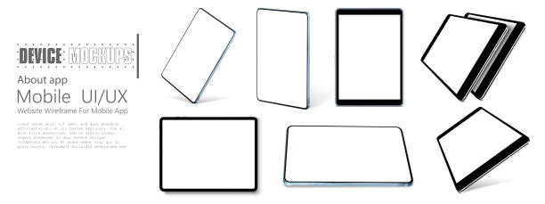 태블릿 프레임 덜 빈 화면, 회전 위치. 다른 각도에서 태블릿. 모형 일반 장치 집합입니다. ui, 인포 그래픽 또는 프리젠 테이션을위한 ux 템플릿. 벡터 일러스트 레이 션 - different angles stock illustrations