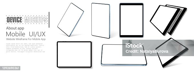 istock Tablet frame less blank screen, rotated position. Tablet from different angles. Mockup generic device set. UI,UX Template for infographics or presentation. Vector illustration 1392690361