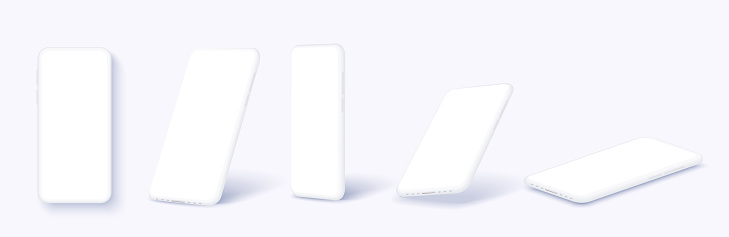 The white screen of the smartphone display in the rotated position on different fashionable on a white background.