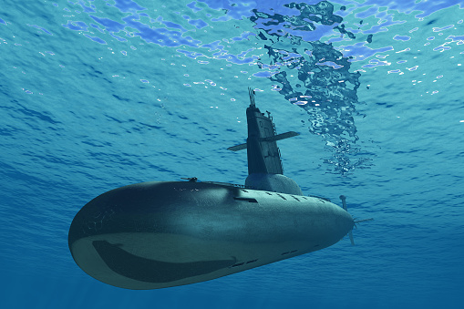 A World War II era U-Boat submarine navigating the depths of an ocean, passing perilously close to an old-fashioned contact sea mine.