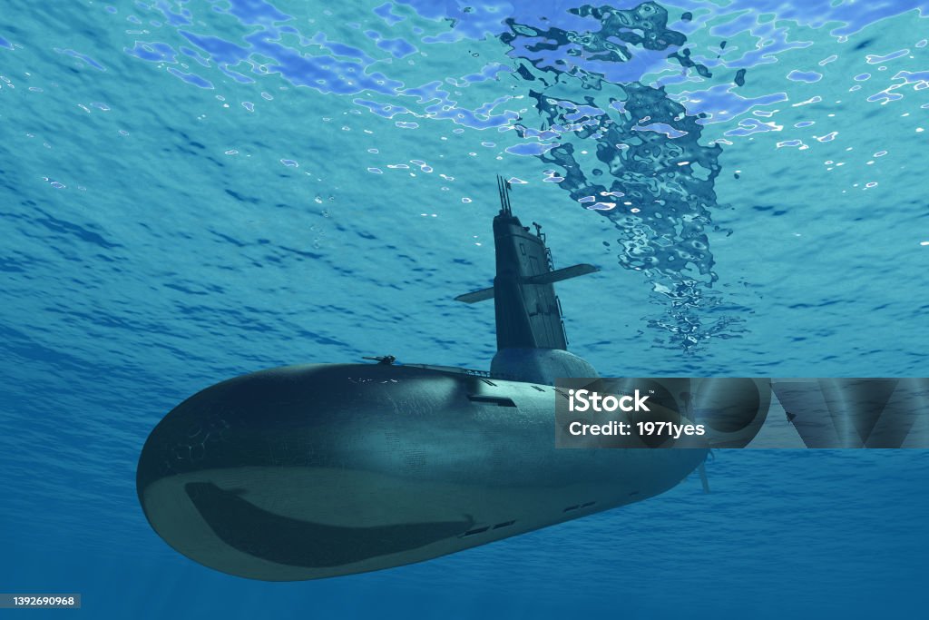 The military ship The military ship under water. .3d render Submarine Stock Photo