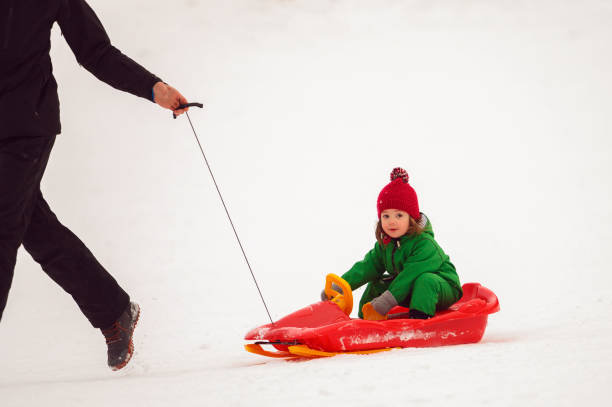 istock Father pulling his daughter on Sleigh On A Snowy Hill 1392691975