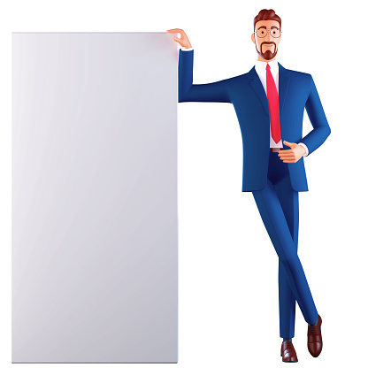 Rear view of businessman standing on wooden floor and looking at the vintage style “businessman: business superhero” poster (business superhero carrying briefcase illustration, printed on old paper) on the white brick wall.