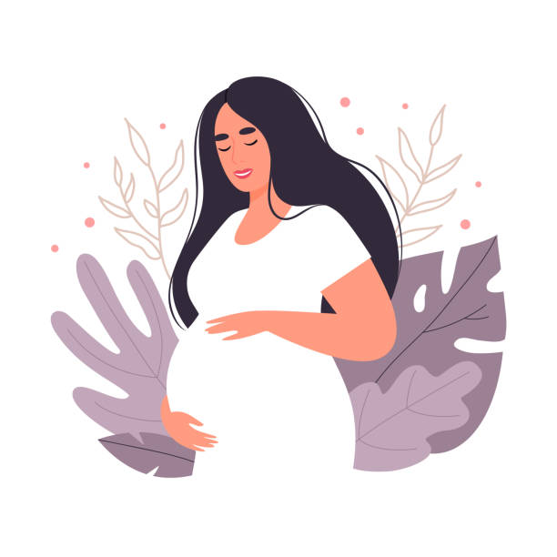 Pregnant woman with tummy Happy pregnant woman with tummy on a background of leaves. Future mom of hugging belly with arms. Concept of pregnancy and motherhood. Flat vector illustration. i love you mom stock illustrations