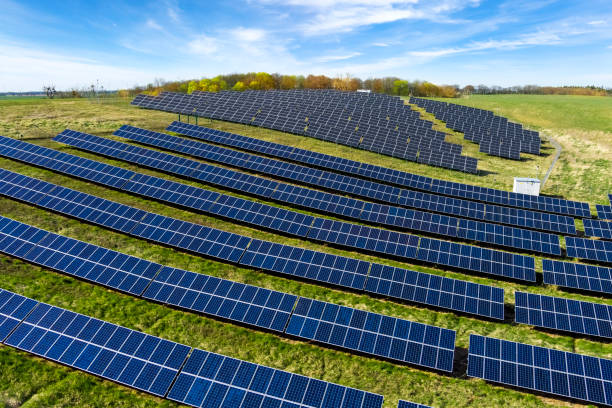 istock Aerial view of solar power farm 1392698569
