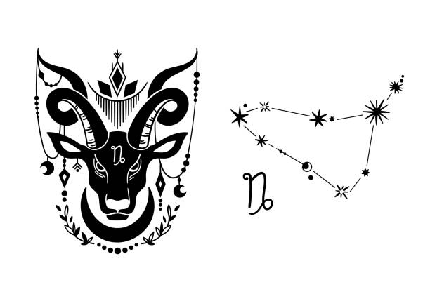 Capricorn zodiac hand drawn sign isolated clip art on white, unique astrology symbol and constellation, mystical horoscope sign in black silhouette, modern vector Capricorn zodiac hand drawn sign isolated clip art on white, unique astrology symbol and constellation, mystical horoscope sign in black silhouette, modern vector art capricorn stock illustrations