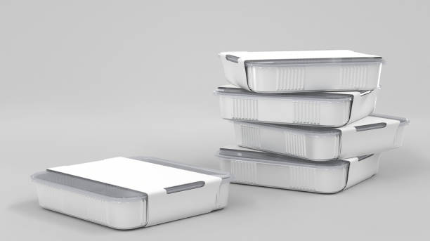 istock Stack white plastic disposable food containers. Realistic mockup sushi delivery box with transparent cap and blank paper wrap. Rectangle packaging template, meal lunch take away 3d render illustration 1392700884