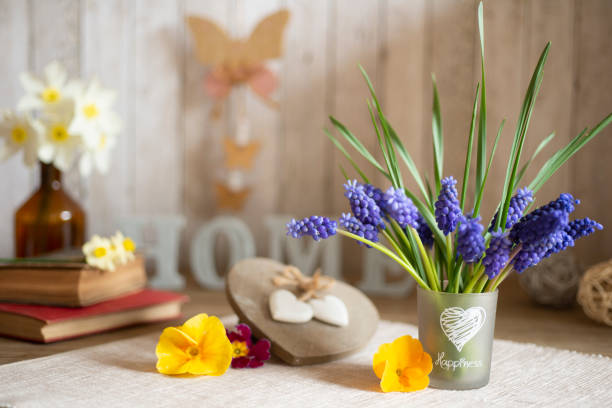Grape Hyacinth Bouquet with Spring Flowers, Buddha and Deco