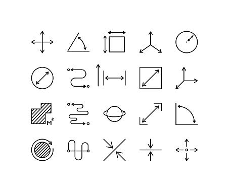 Measure symbols flat line icons set. Contains such icons as Radius, Diameter, Depth, Axis, Area and more. Simple flat vector illustration for web site or mobile app.