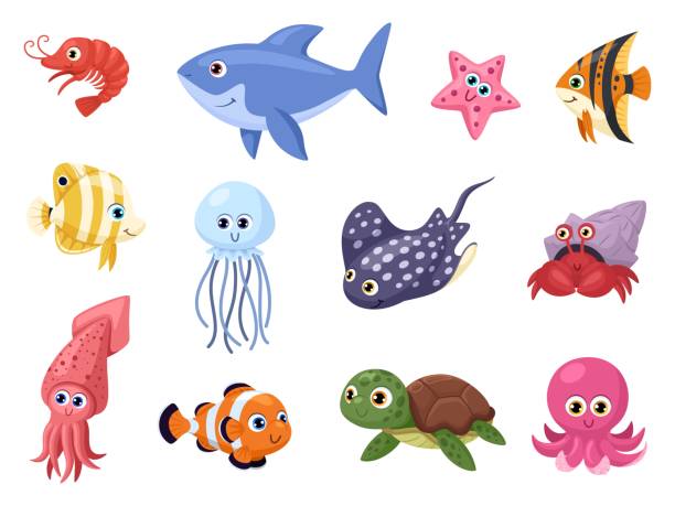 illustrazioni stock, clip art, cartoni animati e icone di tendenza di vita marina. animali oceanici che nuotano, razze e squali. simpatico polpo e tartaruga dei cartoni animati, pesci d'acquario divertenti. set di caratteri vettoriali sgargianti marini - starfish