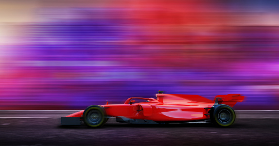 side view of fast moving generic red race car on a race track, motion blur,  3D, car of my own design.