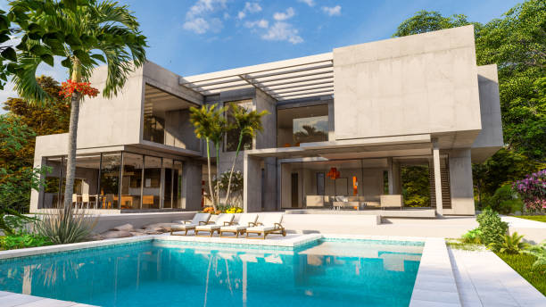 istock Luxurious brutalist home with pool and tropical garden 1392704835