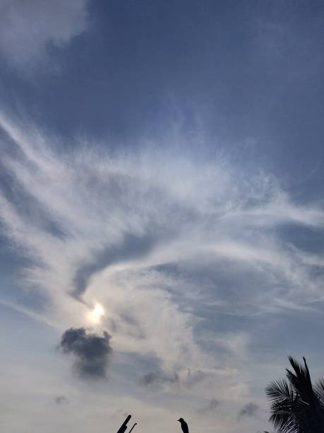 夕暮れの陰で朝日の周りに芸術的に湾曲した雲。 - cirrus cloud cloudscape stratus ストックフォトと画像