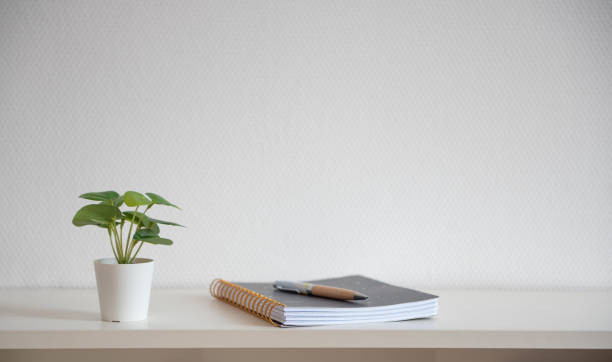 istock Notebook on a white table with a pen and a green plant 1392707049