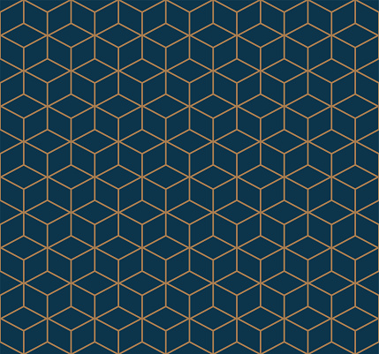 Art deco line art. Cube grid pattern in gold and blue color. Decorative seamless geometric background.