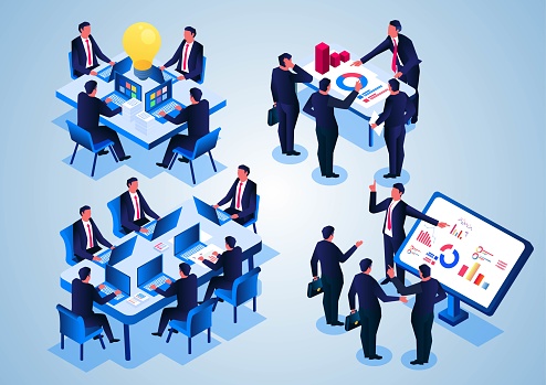 Isometric office work of employees and group team, business project management and process