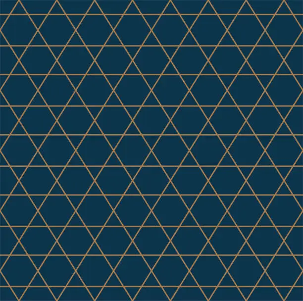 Vector illustration of Art deco line art. Geometric star grid pattern in gold and blue color. Decorative seamless background.