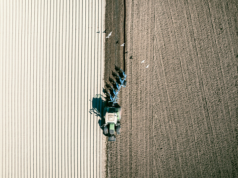 Tractor preparing the soil for planting crops during a sunny and dry springtime day. Aerial view drone view from directly above.