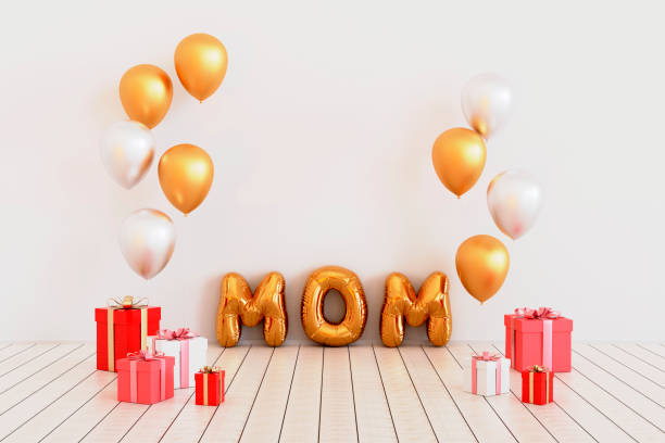 istock Happy mothers day decoration background with gift box, balloon, mom text, copy space text, 3D rendering illustration 1392711209