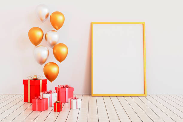 istock Poster mock up with silver and golden glossy 3d realistic balloons. 3d render 1392711243