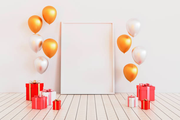istock Poster mock up with silver and golden glossy 3d realistic balloons. 3d render 1392711249