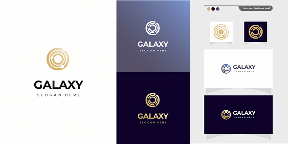 Galaxy Logo template with creative modern concept logo and business card design premium. Orbit planets in round icon for logo IT, concept design from space exploration, astrology. Vector illustration