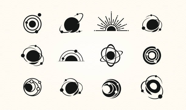 stockillustraties, clipart, cartoons en iconen met set of space icons, logos. galaxy signs with orbitz planets in round icon and radial rays of sunburst for logo it, ecology, concept design from space exploration, astrology. vector illustration - astronomie