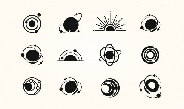 set of space icons, logos. galaxy signs with orbitz planets in round icon and radial rays of sunburst for logo it, ecology, concept design from space exploration, astrology. vector illustration - space stock illustrations