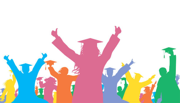 ilustraciones, imágenes clip art, dibujos animados e iconos de stock de graduados felices en topes académicos de graduación. gente alegre, silueta de color. fiesta de graduación. ilustración vectorial. - escuela secundaria