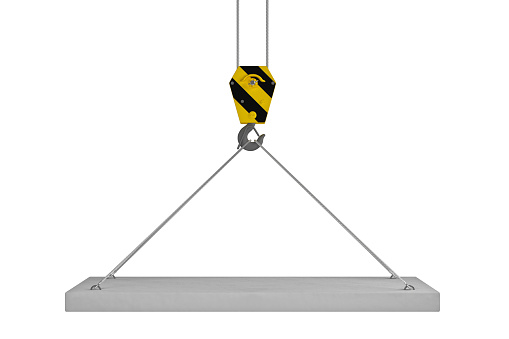 Slab hanged on crane hook by rope slings. White background. 3d render