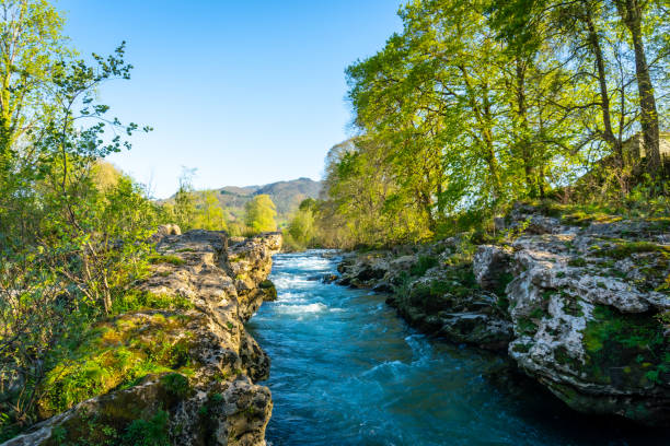The Sella river near the town of Cangas de Onis. Asturias. Spain stock photo