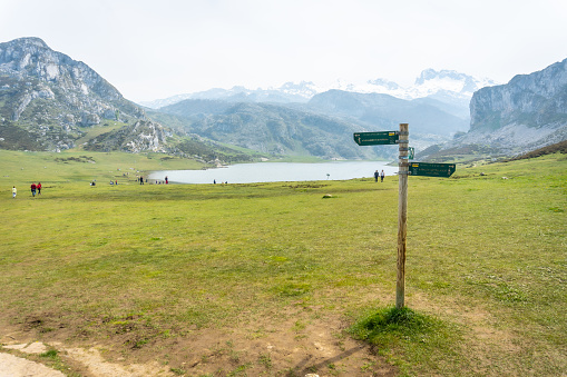 Signs on the trail at Lake Ercina in the Lakes of Covadonga. Asturias. Spain