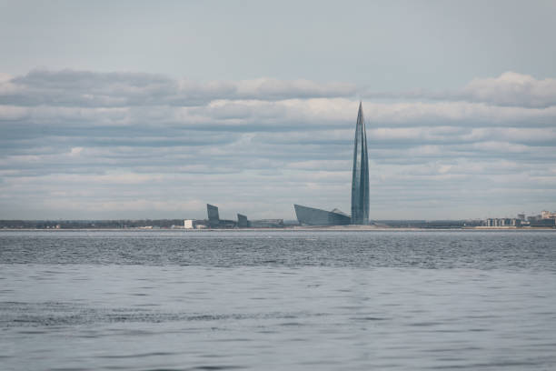 Saint Petersburg, Russia - April 2022: The Gazprom's skyscraper Lakhta center on the shore Gulf of Finland